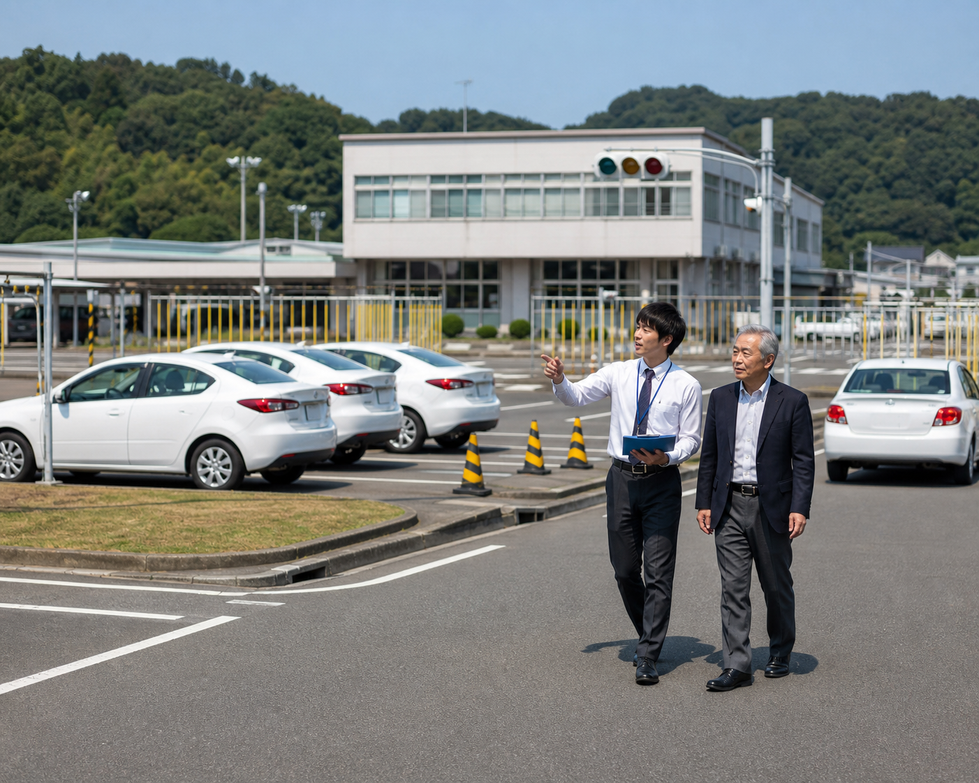 教習所のコースと教習車両を確認する様子