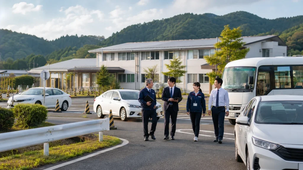 合宿免許と送迎網を持つ地方教習所の承継について現地確認している様子