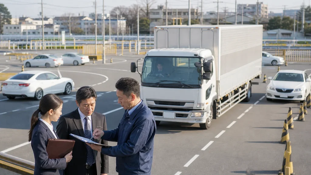 大型車両教習や物流需要を持つ教習所の事業承継を現地で確認している様子