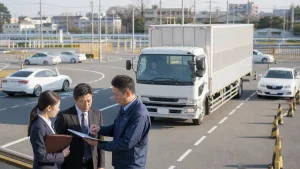 大型車両教習や物流需要を持つ教習所の事業承継を現地で確認している様子