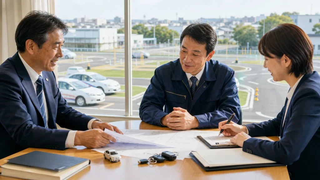 高齢者講習需要が強い教習所の承継について地域交通企業と相談している様子