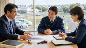 高齢者講習需要が強い教習所の承継について地域交通企業と相談している様子