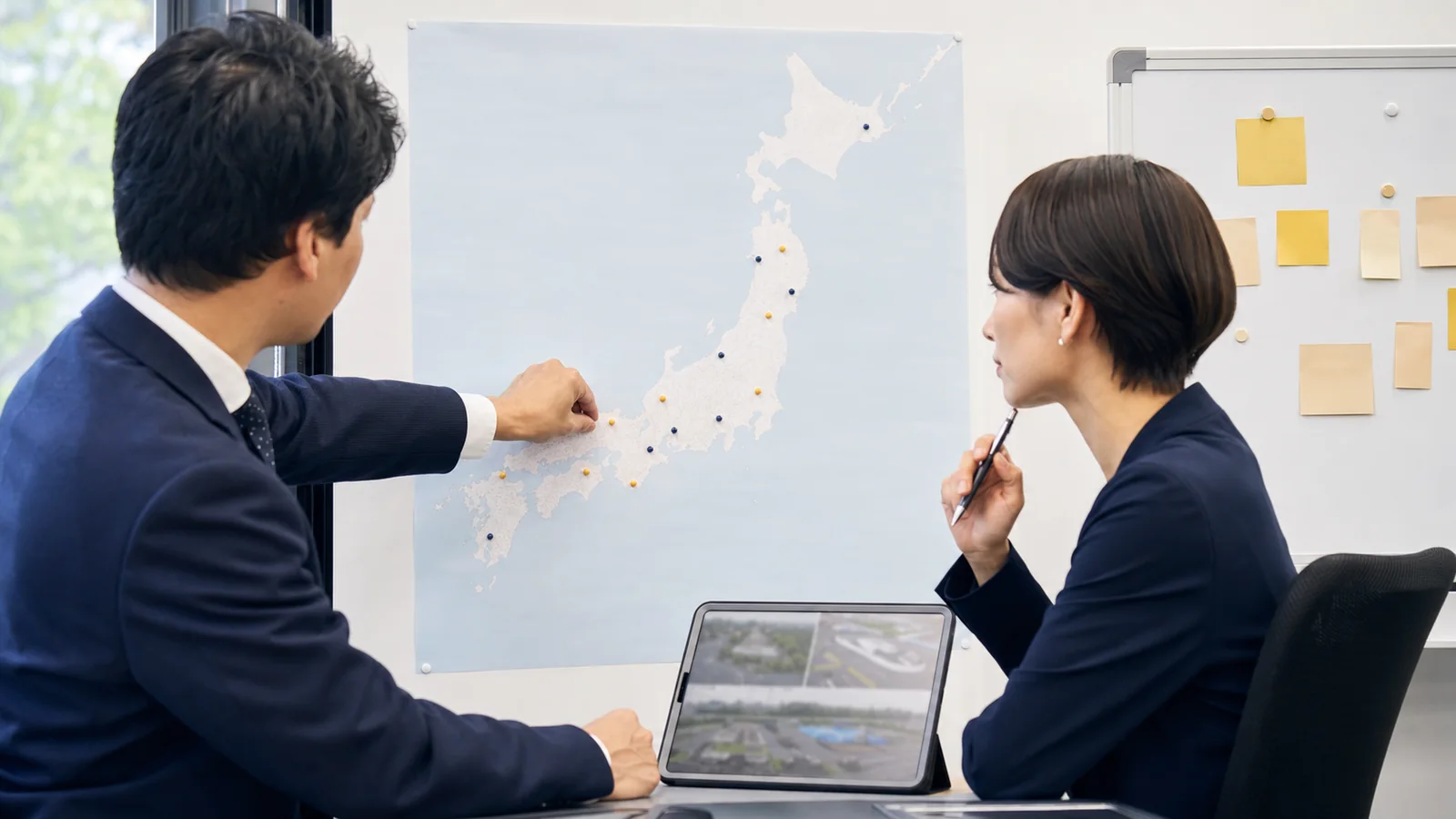 教習所の譲受候補先と対象エリアを地図で検討している様子