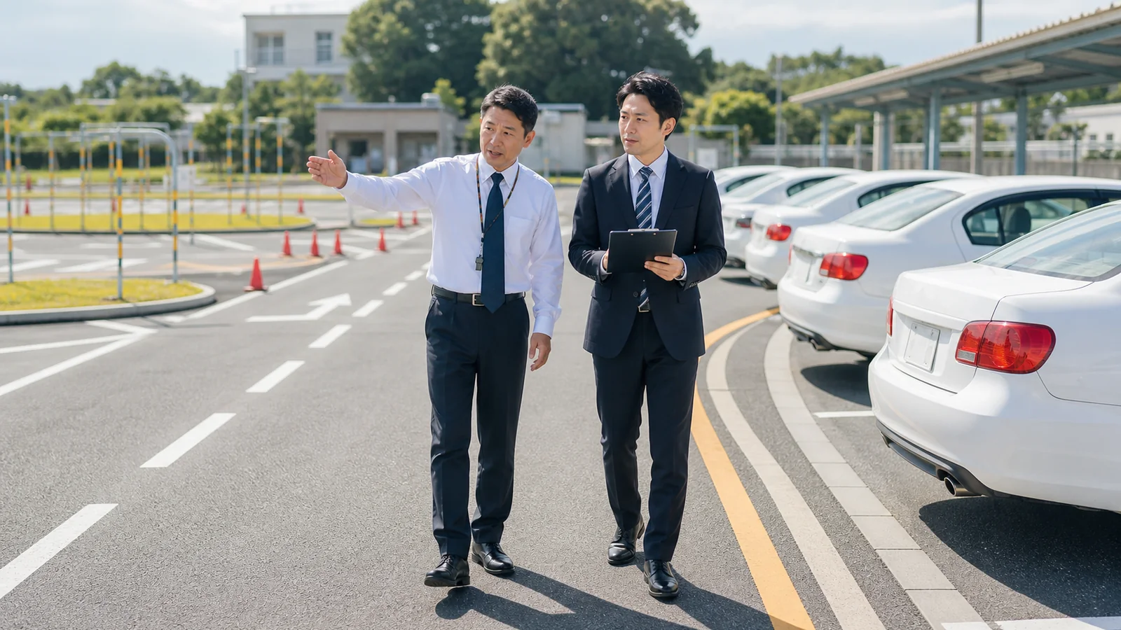 教習所のコースと車両を確認しながらM&Aの現場価値を整理する様子