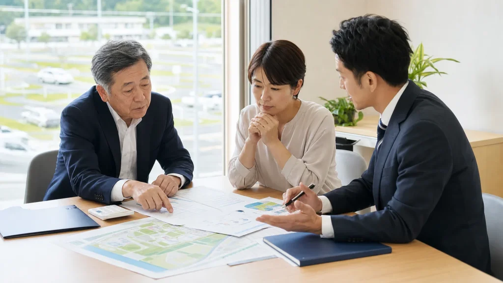 山梨県・甲府盆地の教習所M&Aと事業承継について経営者と専門家が相談している様子
