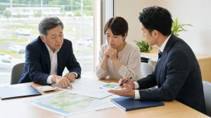 山梨県・甲府盆地の教習所M&Aと事業承継について経営者と専門家が相談している様子