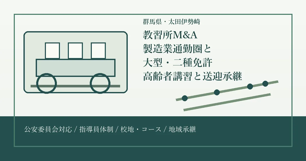 群馬県・太田伊勢崎の教習所M&Aで製造業通勤圏、大型・二種免許、高齢者講習、送迎承継を整理するアイキャッチ
