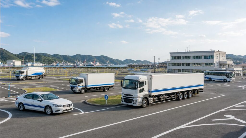 広島県福山・備後地域の教習コースと普通車・大型車・港湾物流向け車両