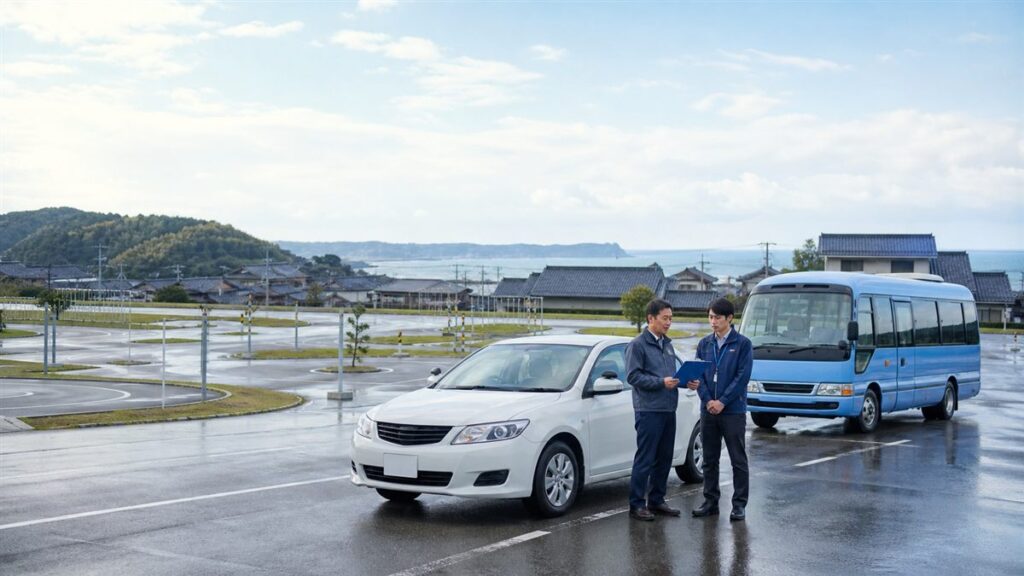 石川県・金沢能登の指定自動車教習所コースで教習車と送迎バスを確認する指導員