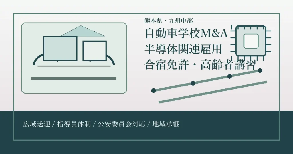 熊本県・九州中部の自動車学校M&Aで半導体関連雇用、合宿免許、高齢者講習、広域送迎の承継論点を示すアイキャッチ