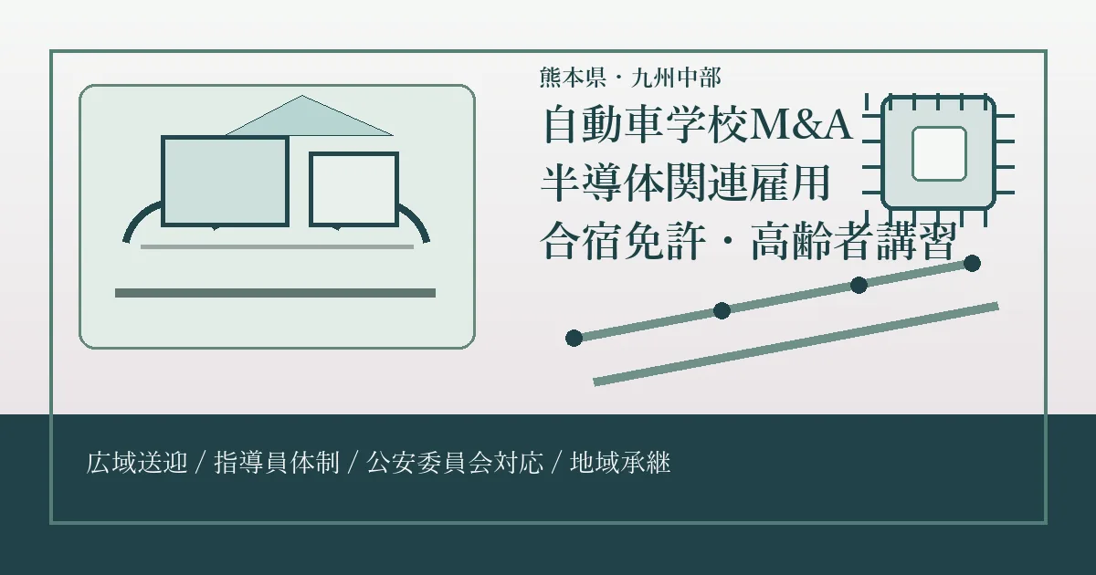 熊本県・九州中部の自動車学校M&Aで半導体関連雇用、合宿免許、高齢者講習、広域送迎の承継論点を示すアイキャッチ
