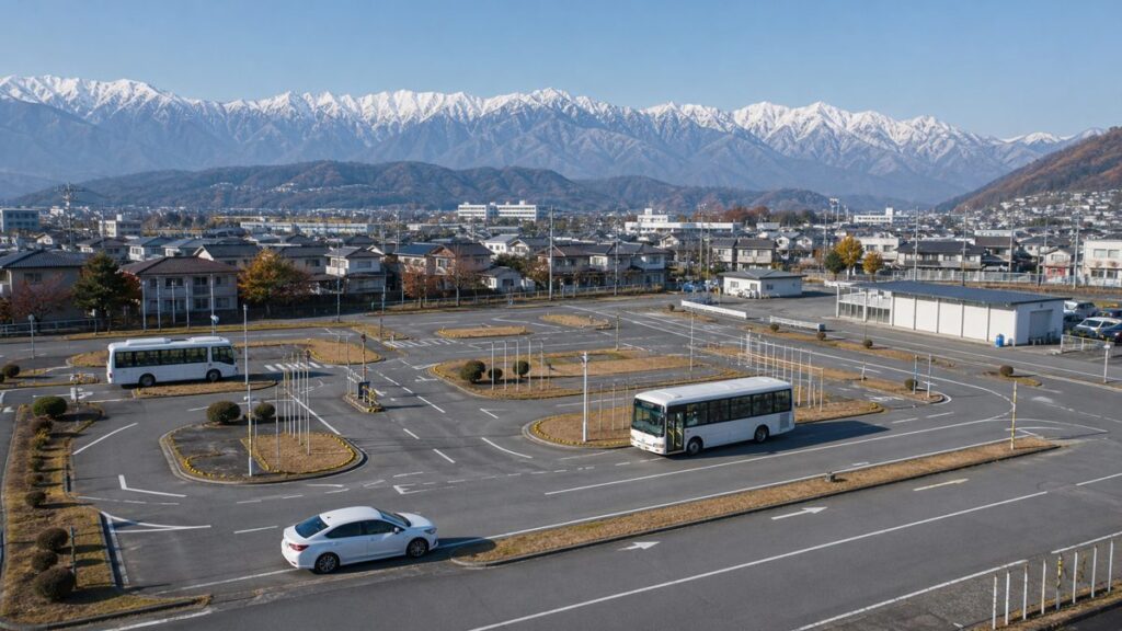 長野県松本・安曇野地域の山並みと教習コース、普通車・二種免許用バス・送迎車