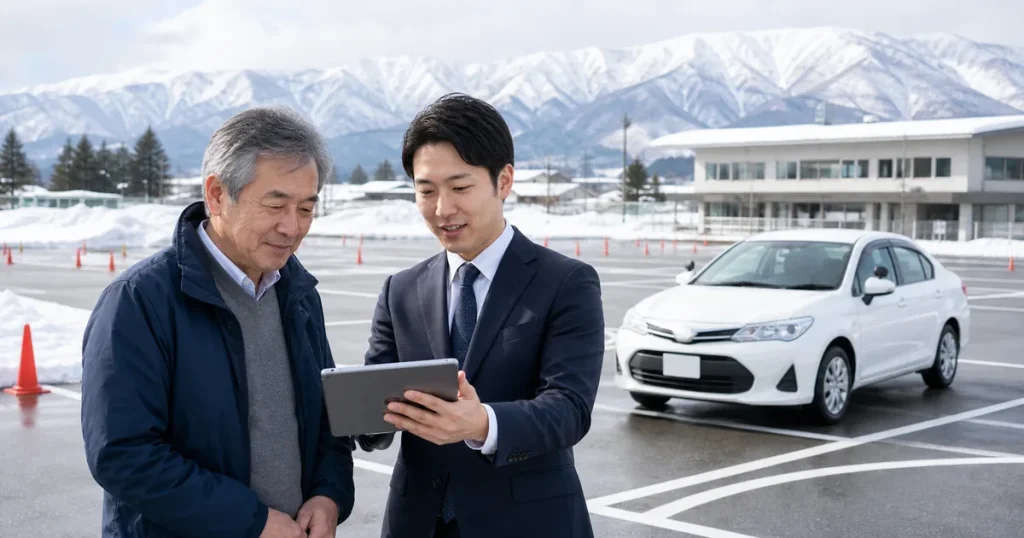新潟県・北陸信越の教習所M&Aで冬季送迎と合宿免許の承継相談を行う教習所経営者とM&Aアドバイザー