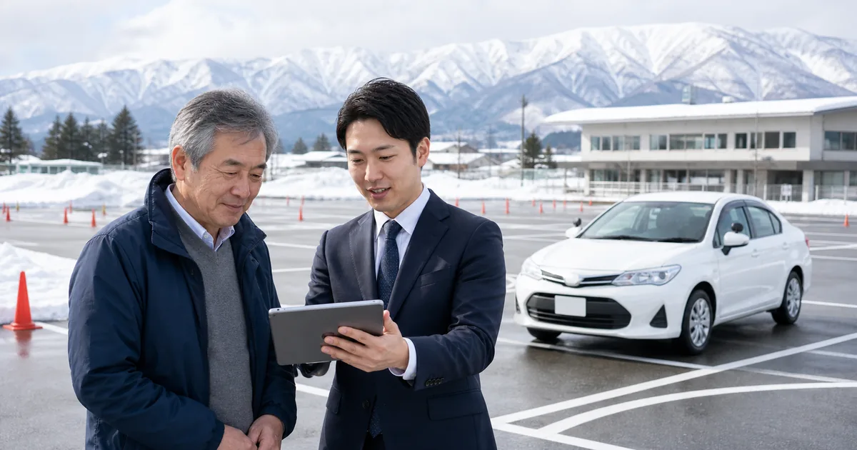 新潟県・北陸信越の教習所M&Aで冬季送迎と合宿免許の承継相談を行う教習所経営者とM&Aアドバイザー