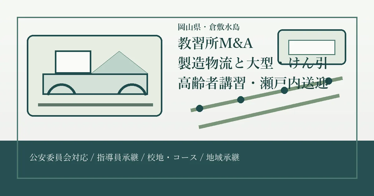 岡山県・倉敷水島の教習所M&Aで製造物流、大型・けん引免許、高齢者講習、瀬戸内送迎を整理するアイキャッチ