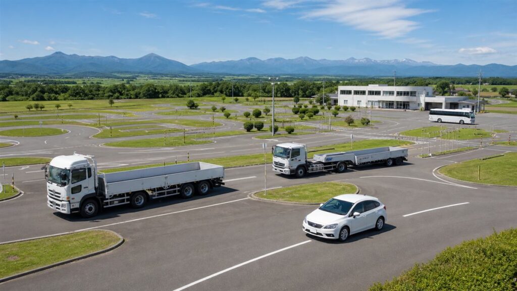 北海道・十勝の教習所コースを走る大型・けん引・普通教習車と送迎車