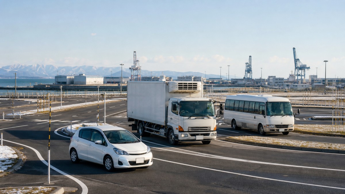 青森県八戸上十三の港湾近郊にある冬季教習コースと普通教習車・冷凍物流車・送迎バス