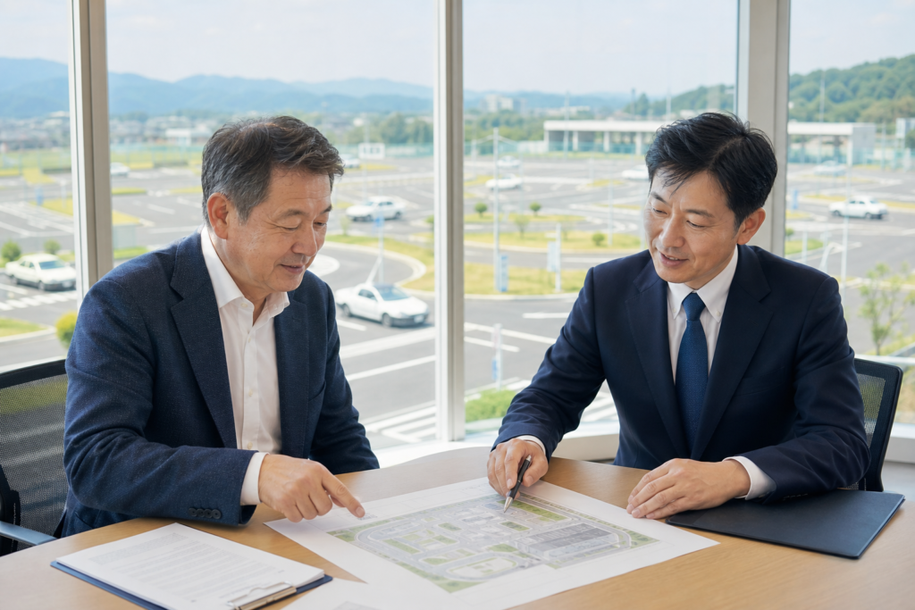 教習所M&Aで施設承継計画を確認する経営者とアドバイザーのイメージ