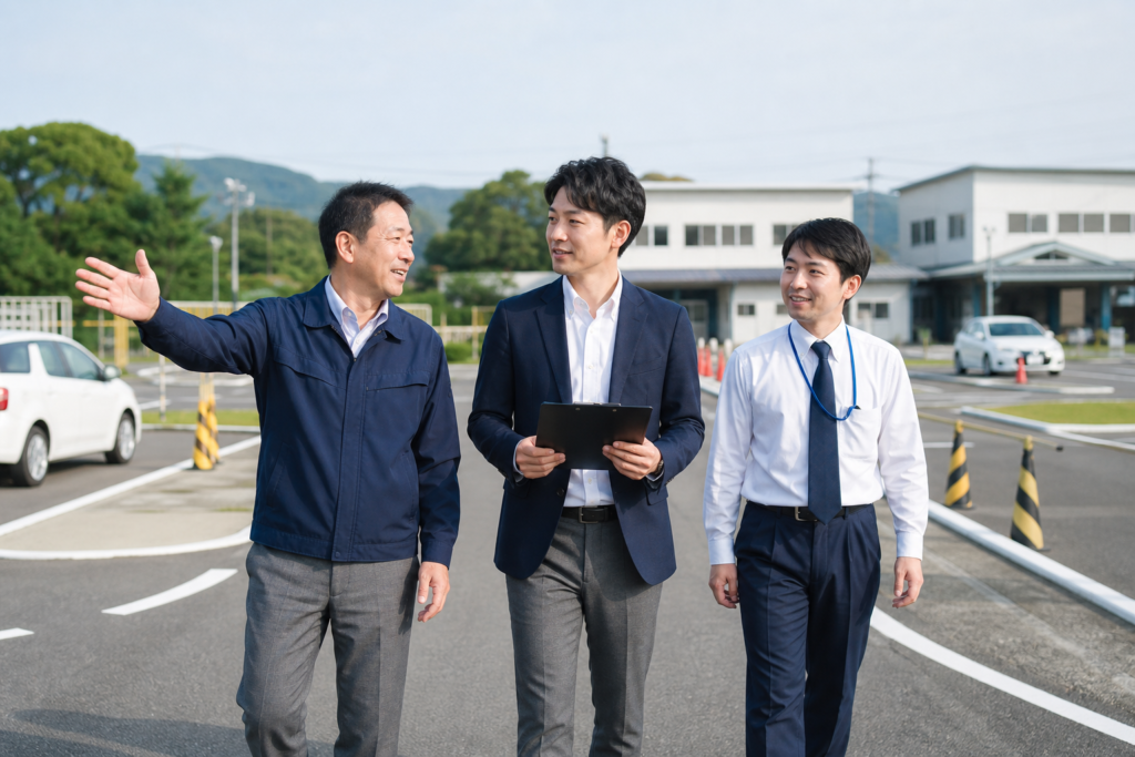 教習所事業の譲渡に伴いコースを確認する関係者のイメージ