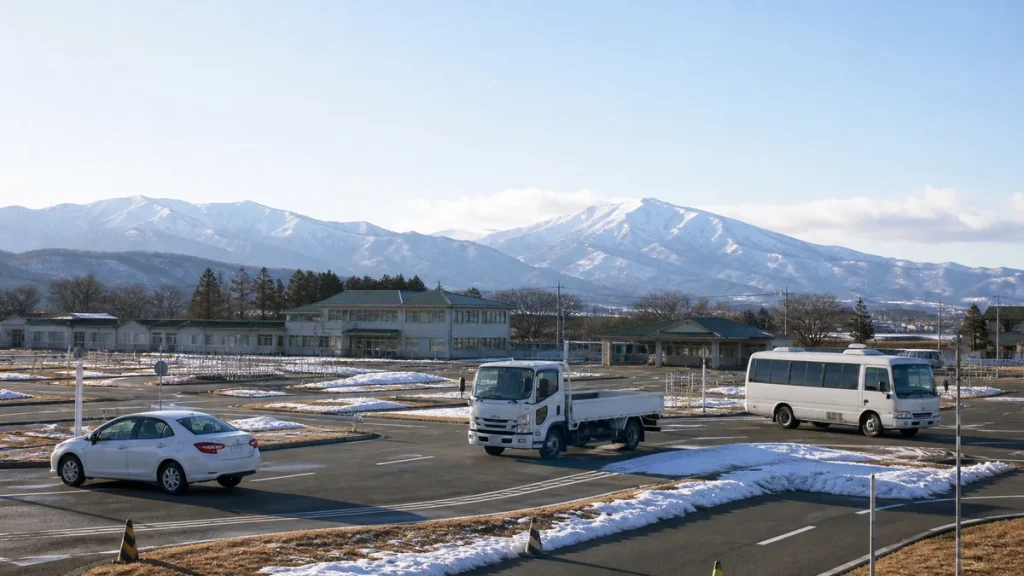 岩手県・盛岡北上地域をイメージした冬季の教習コースと普通車・トラック・送迎バス