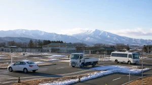 岩手県・盛岡北上地域をイメージした冬季の教習コースと普通車・トラック・送迎バス
