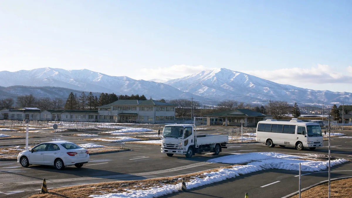 岩手県・盛岡北上地域をイメージした冬季の教習コースと普通車・トラック・送迎バス