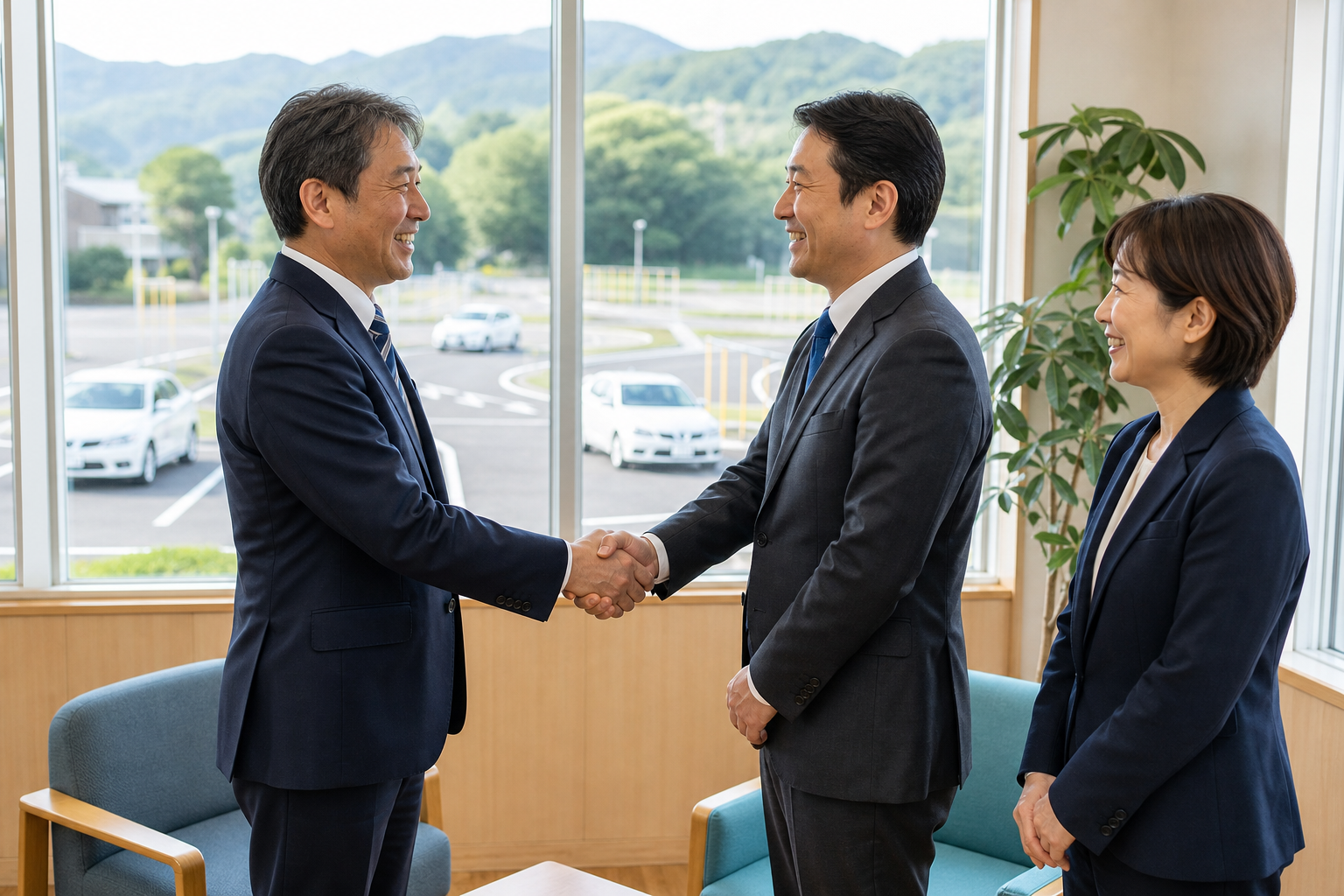自動車学校の株式取得後に経営承継を確認する関係者のイメージ