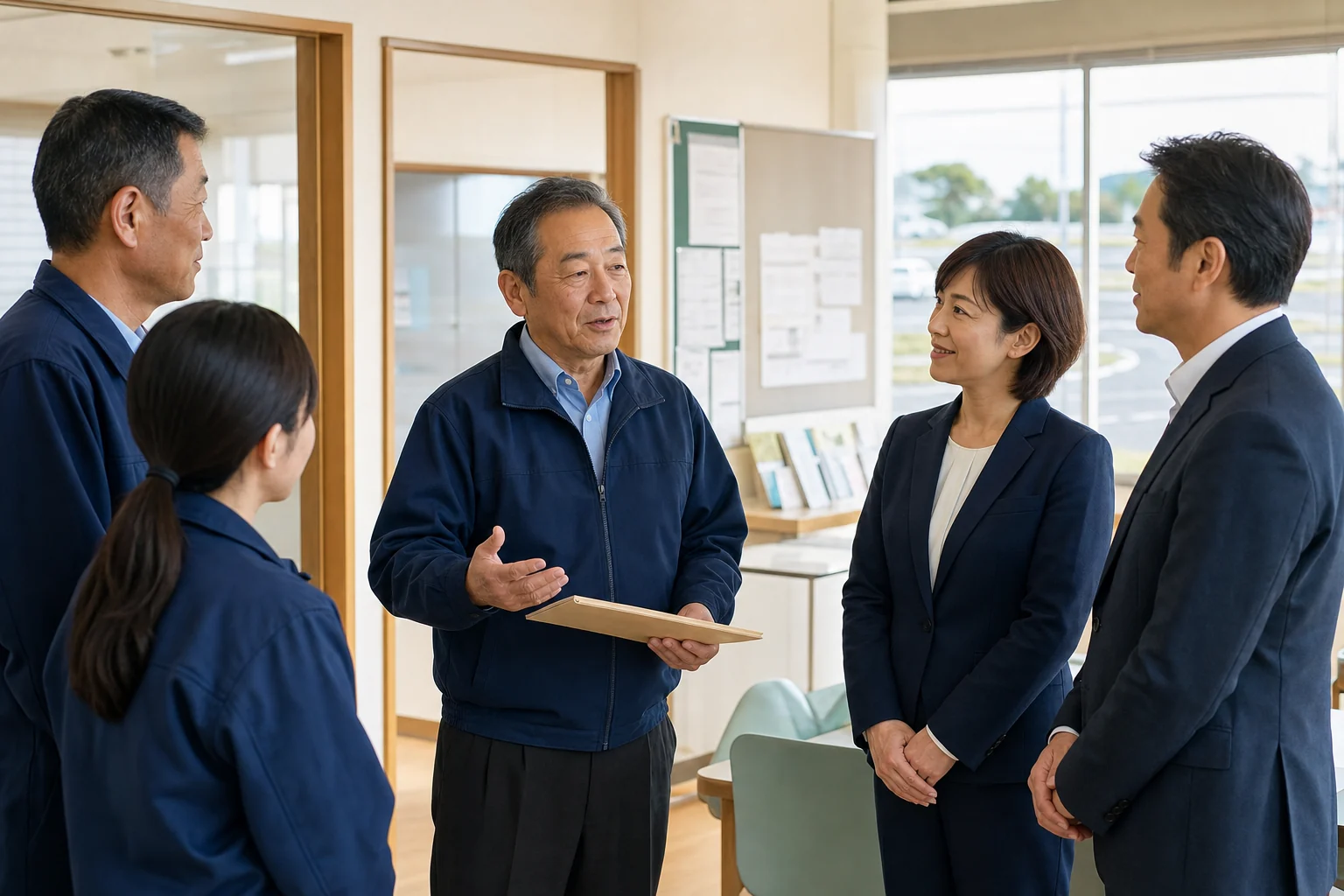 教習所経営者が指導員と承継担当者へ職員の引継ぎ方針を説明する様子