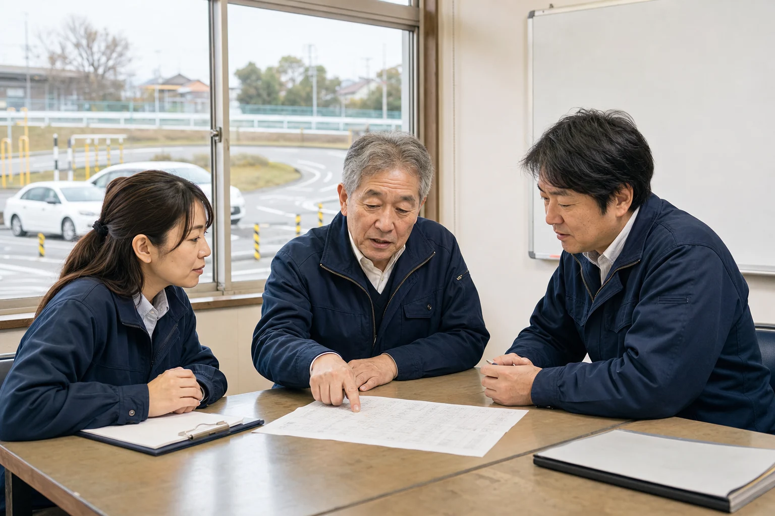 教習所の管理者と指導員が職員体制と教習予定を確認する様子