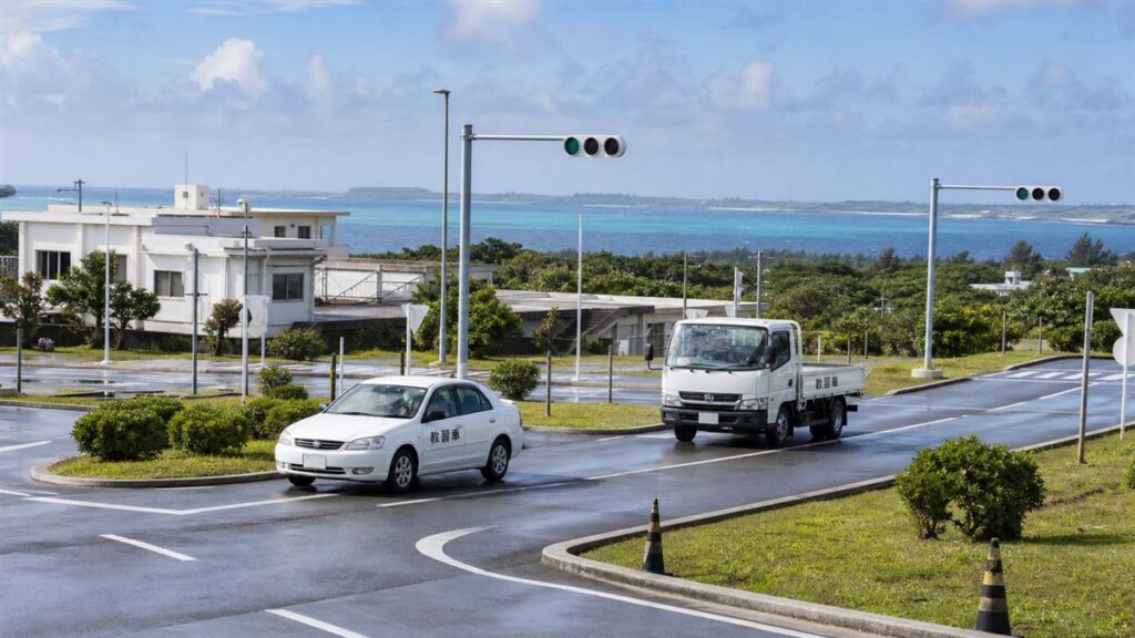 沖縄県・宮古八重山の海を望む教習コースを走る普通教習車と中型トラック