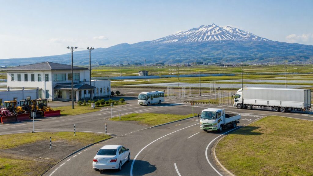 山形県庄内の鳥海山と水田を望む教習コース、普通車・大型車・送迎バス