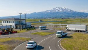 山形県庄内の鳥海山と水田を望む教習コース、普通車・大型車・送迎バス