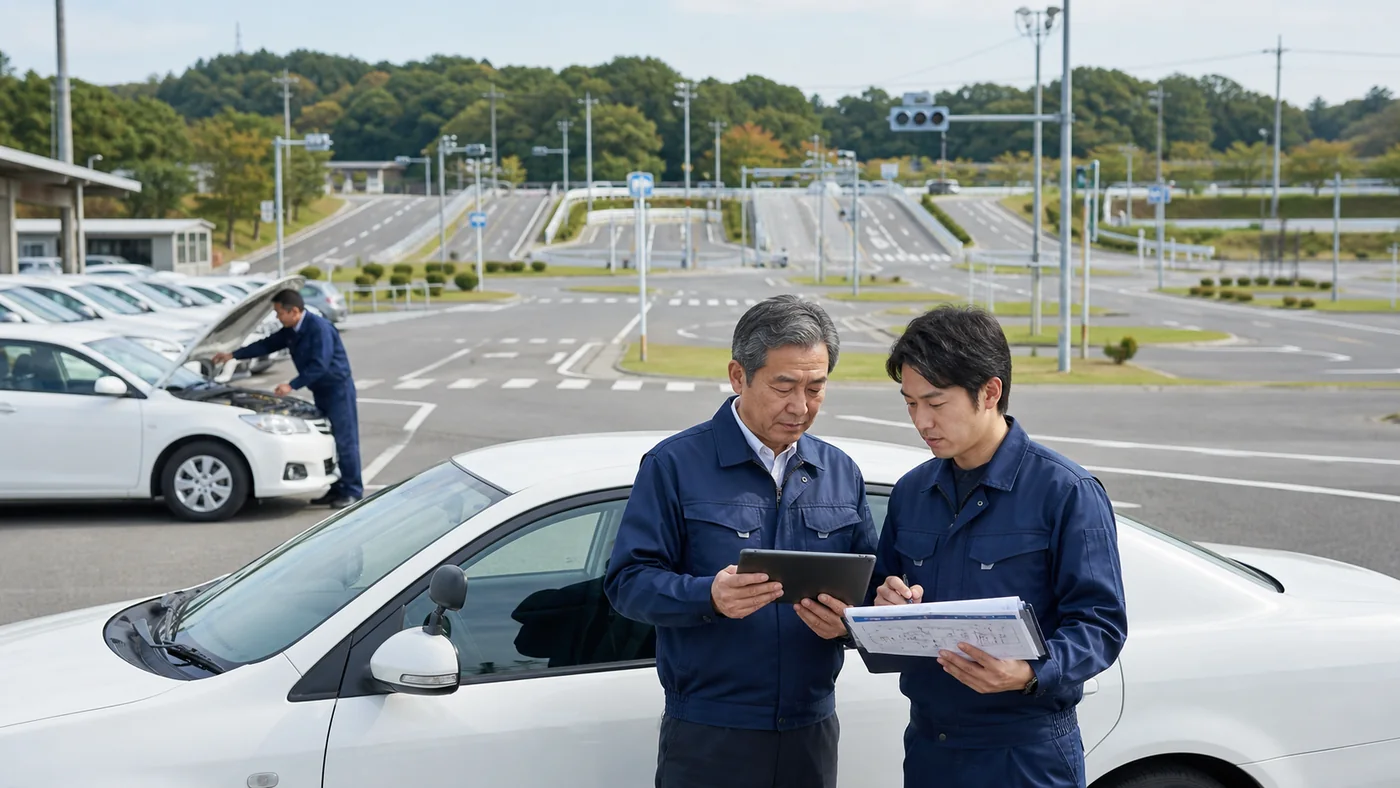教習車両と教習コースの設備・安全管理を確認する現経営者と後継者